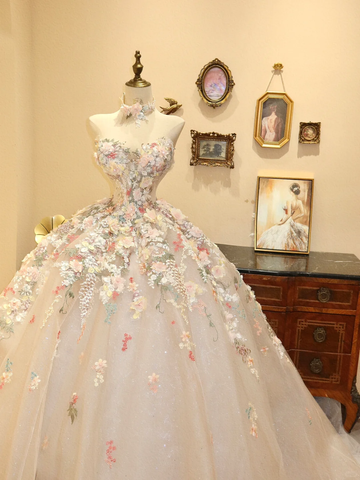Gorgeous Ball Gown Sweetheart Neck Appliques Floral Tulle Prom Dress Evening Dress Date Dress HZ1023